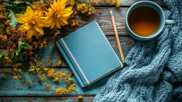 Autumn flowers and a notebook on a wooden table photo