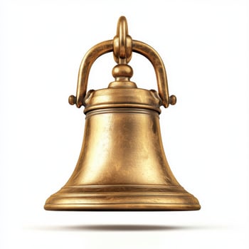 Classic brass bell hanging on a handle, reflecting light in an artistic display on a white background photo