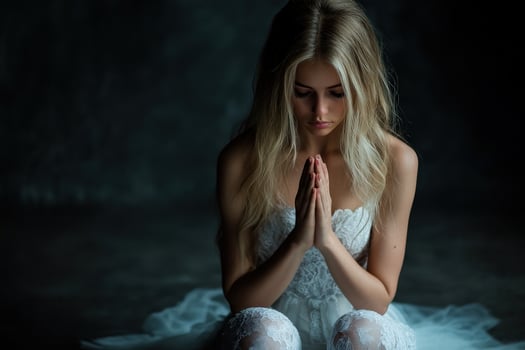 Woman in white dress kneeling in prayer at a dark setting photo