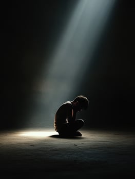 Boy in a dimly lit space reflecting in a beam of light photo