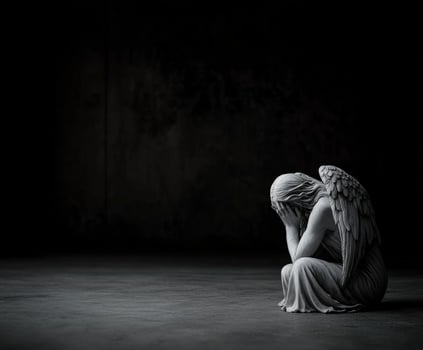 Stone angel in sorrowful pose illuminated by soft light in dark space photo