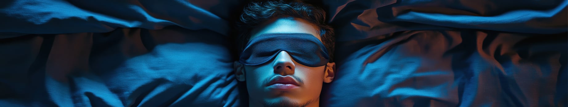 Person resting peacefully with sleep mask in dimly lit bedroom setting photo