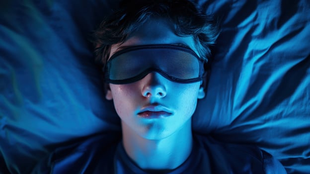 Relaxing teenager resting with sleep mask in a dimly lit room at night photo