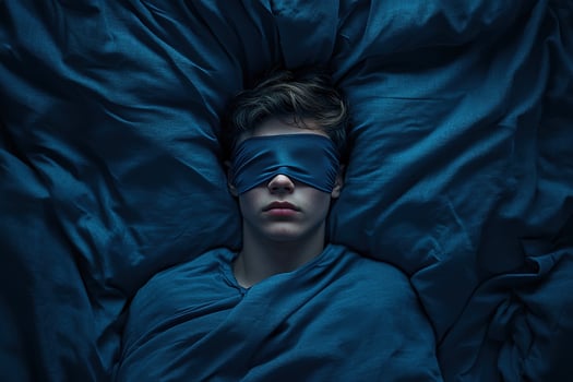 Young person resting under blue blankets with eyes covered for sleep photo