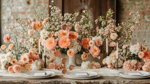 Elegant floral arrangement on a rustic table setting for a celebration photo