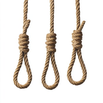Three nooses hanging on a plain background showcasing intricate knotting techniques and craftsmanship photo