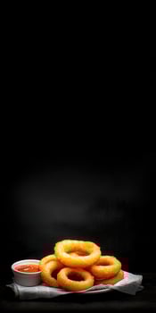 Crunchy onion rings served with spicy dipping sauce on a dark background photo