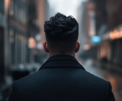Man walking in urban alley on a rainy day during evening hours photo