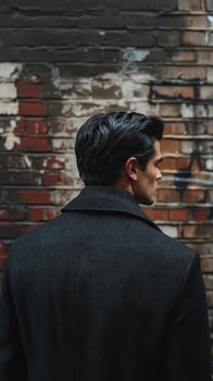 Stylish man in black coat standing against urban graffiti wall photo