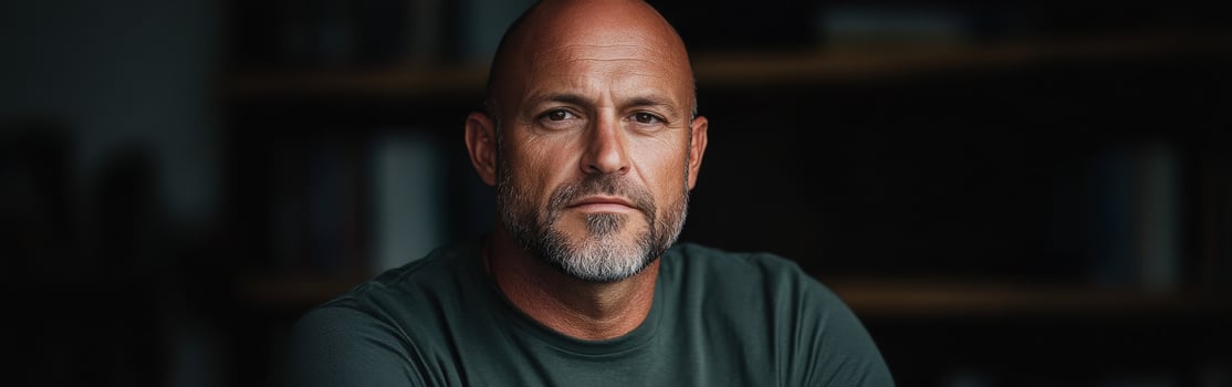 Thoughtful man in casual attire poses in a cozy indoor setting photo