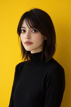 Portrait of a young woman with dark hair against a vibrant yellow background photo