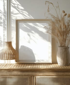 Elegant interior display featuring a blank frame and dried flowers in sunlight photo