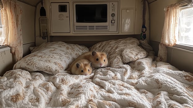 Two hamsters are laying on a bed photo