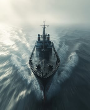 Ship navigating through foggy waters at dawn photo