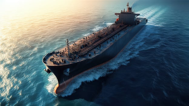 Large tanker ship navigating through calm sea at sunrise photo