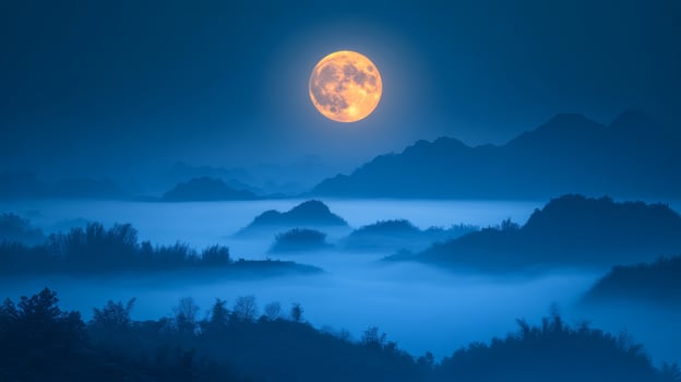 A full moon is seen over a mountain range at night photo