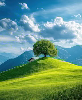 Vibrant green hill with a solitary tree and a cottage against a blue sky photo