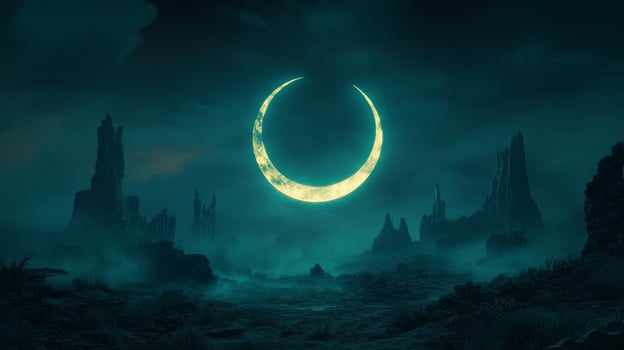 The moon is in the middle of a dark landscape photo