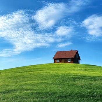 Cozy house atop a green hill under a bright blue sky photo