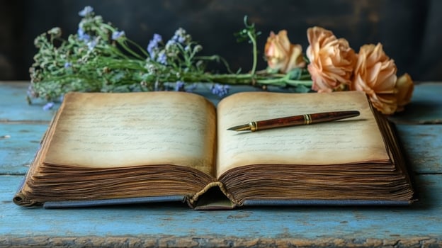 An old book with pen and flowers on a blue table photo
