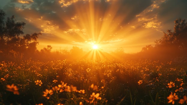 Sunset over a field of flowers photo