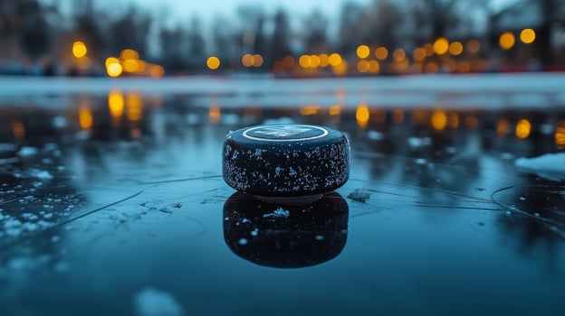 A black and white ball sitting on top of a frozen lake photo