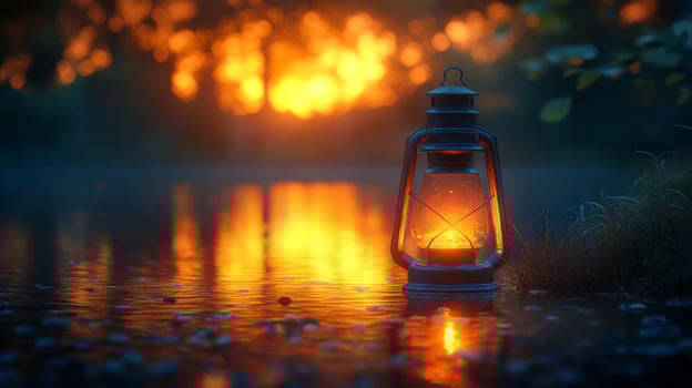 A lantern is sitting on the water at sunset photo