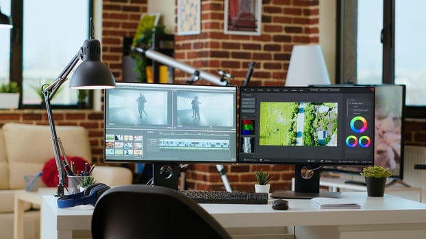Empty workspace creative studio used for mixing music and editing timelines for a cinematic shoot. Living room desk with professional tech tools for post production and filmmaking. photo