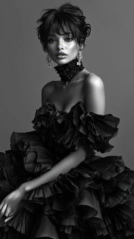 Model poses elegantly in a dramatic black ruffled dress with bold makeup photo