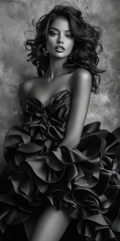 Elegant model showcases black ruffled dress in stylish studio setting photo