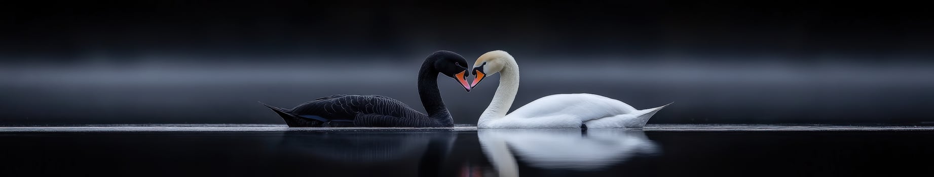 Swans in harmonious embrace on a tranquil lake at dusk photo