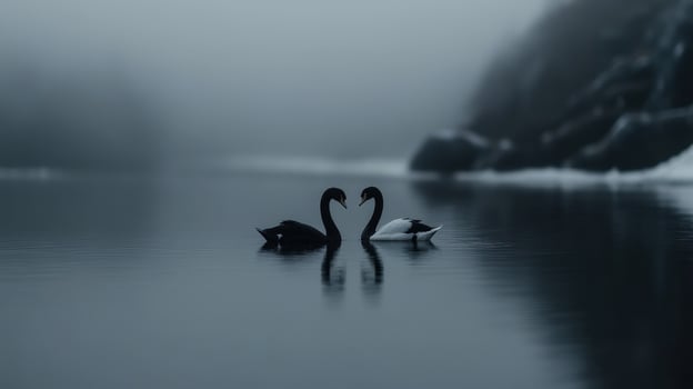 Swans engaging in a tender moment on a foggy lake at dawn photo
