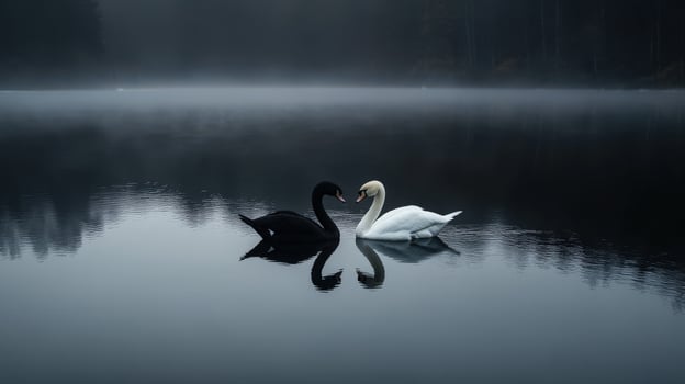 Swans gracefully meet on a misty lake at dawn photo