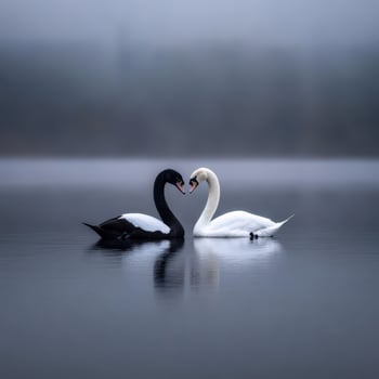 Black and white swans create a heart shape in misty lake waters photo
