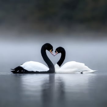 Swans elegantly forming a heart shape on a foggy lake at dusk photo