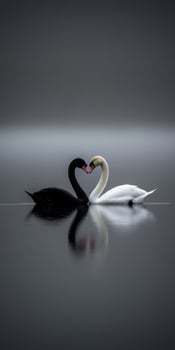 Two majestic swans forming a heart shape in tranquil water photo