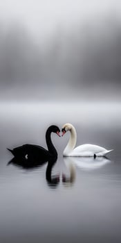 Swans display affection on a misty lake at dawn photo