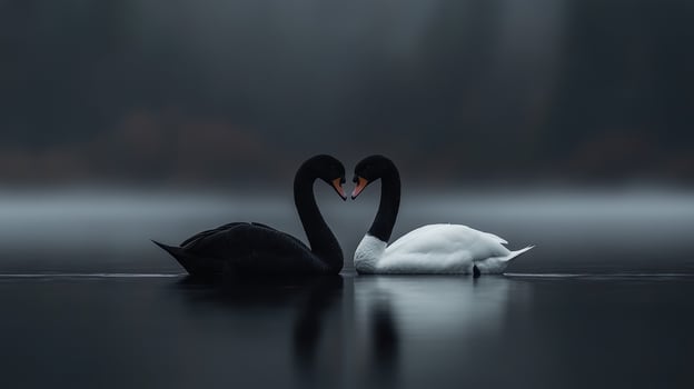 Two swans forming a heart shape against a misty lake in the early morning photo