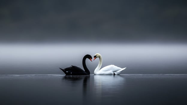 Black and white swans swimming peacefully in a misty lake at dawn photo