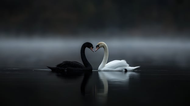 Swans forming a heart shape in foggy lake at dawn photo