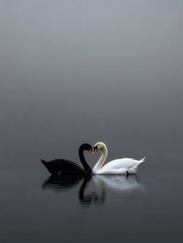 Black and white swans gracefully interact on serene water reflections photo