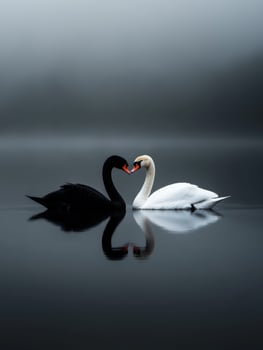 Swans and a black swan share a tender moment on a misty lake photo