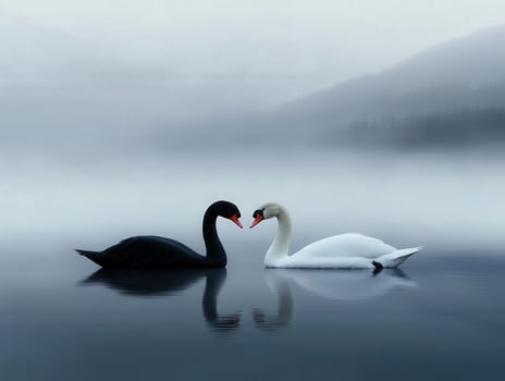 Swans gracefully gliding across misty water at dawn photo