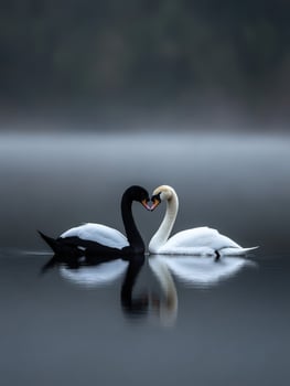 Elegant swans forming a heart shape on a misty lake at dawn photo