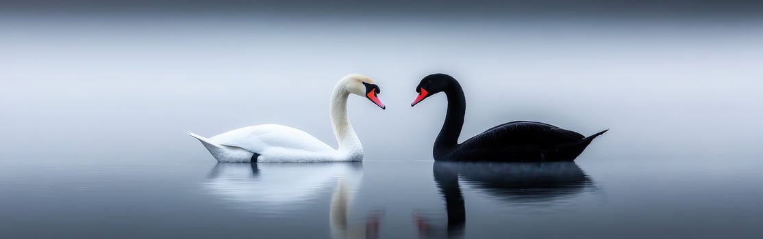 Swans interacting on a misty lake at dawn, showcasing contrast in colors photo