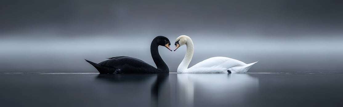 Elegant black and white swans creating a heart shape in calm water photo