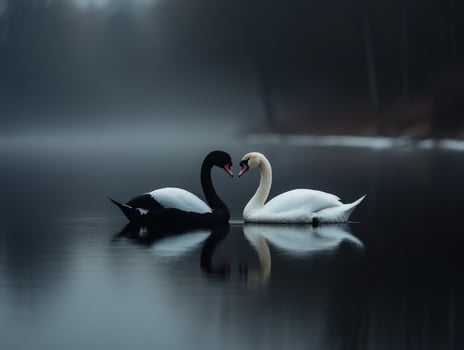 Swans and black swan in a foggy lake at dawn creating a serene atmosphere photo