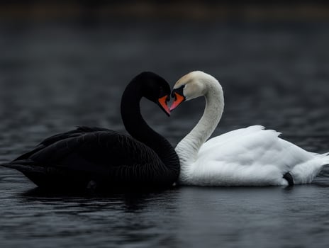 Swans in a serene embrace on a tranquil lake at dusk photo