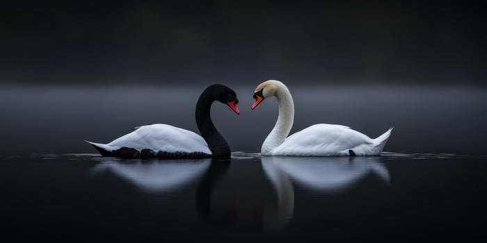 Swans swimming serenely in calm water during a misty morning photo