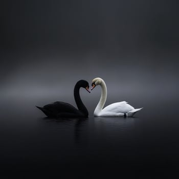 Two swans come together in a serene, misty lake at dawn photo